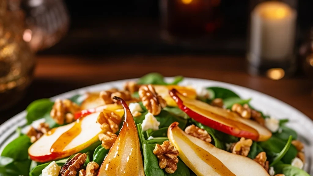 Baby spinach salad with roasted pears and walnuts Baby spinach salad with roasted pears and walnuts.