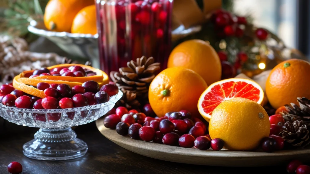 Cranberries and oranges on festive holiday table Cranberries and oranges on festive holiday table.