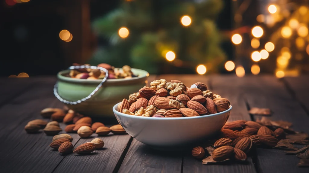 Bowls of almonds and walnuts on rustic table with holiday lights in background. Bowls of almonds and walnuts on rustic table with holiday lights in background.